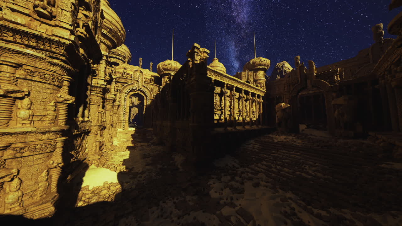 Ancient temple ruins under a starry sky at night in a mystical landscape