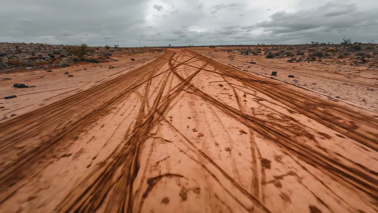 Moving camera capturing red sandy track in arid desert to show interlaced tire tracks