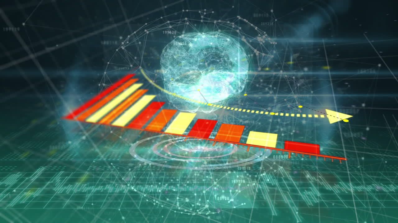 Digital brain and bar graph animation over futuristic data network background