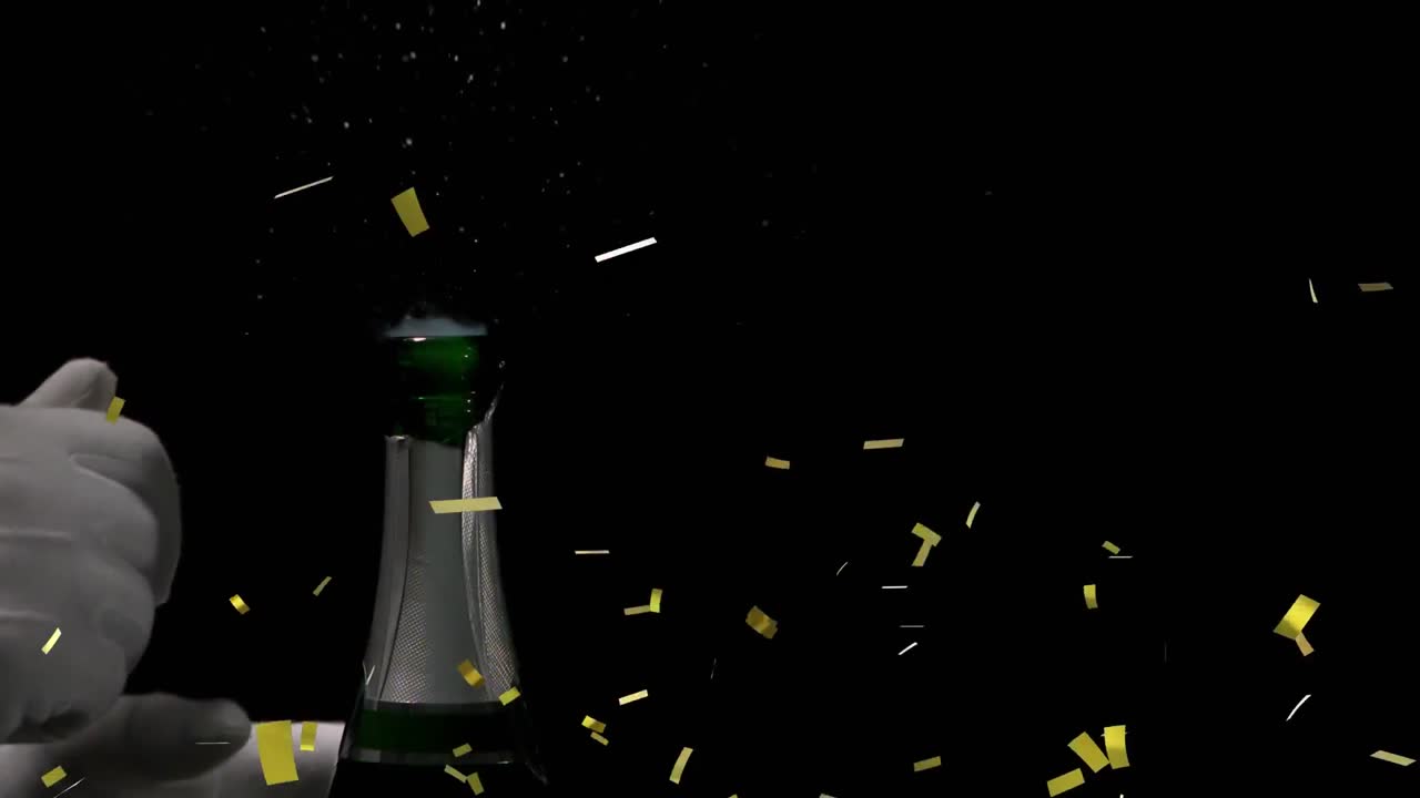 검은 바탕에  ⁇ 페인을 열고 있는 남자 위에 있는 콘페티의 애니메이션