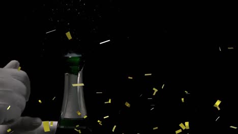 animation of confetti over man opening champagne on black background