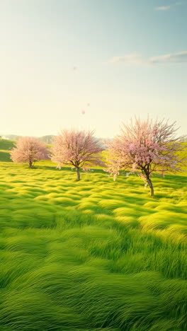 Three Pink Blossoming Trees in a Vibrant Green Field