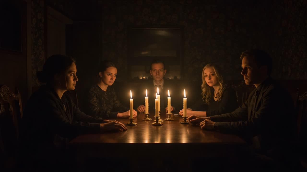 A Mysterious Gathering: Five Individuals Engage in a Tense Candlelit Session, Surrounded by Shadows and Eerie D?cor, Exploring Secrets Within the Darkness