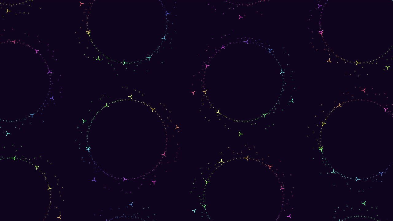 A modern and abstract seamless pattern consisting of circles arranged in a circular layout. Lines composed of small dots connect the circles, creating a contemporary and eye-catching design