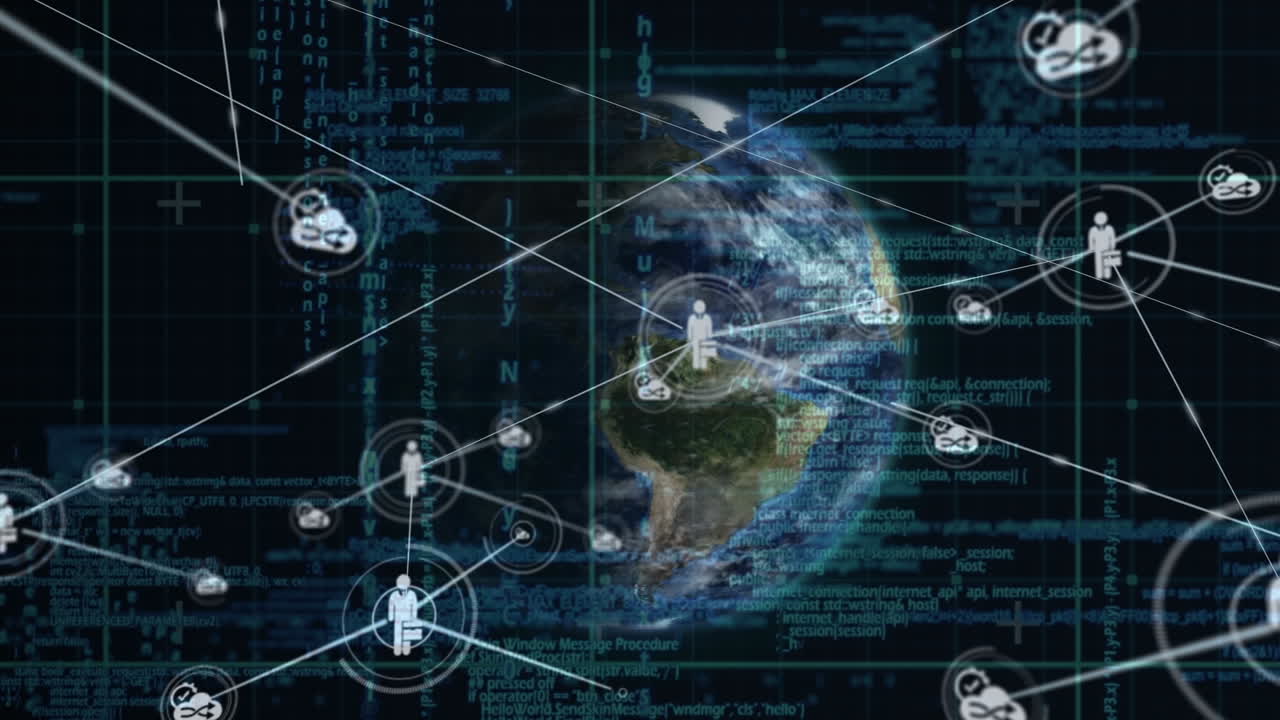 Animation of network of connections with icons over globe and data processing on black background