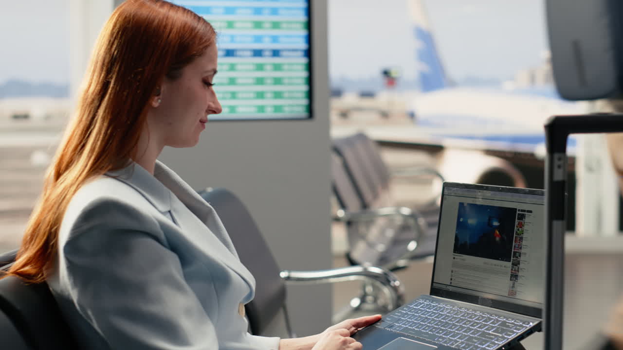 Mujer joven viendo un video en una computadora portátil en la sala VIP del aeropuerto.