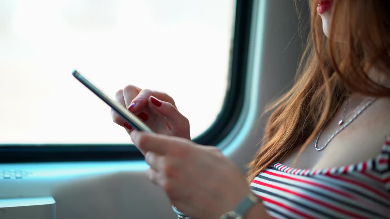 viajero de negocios en tren en movimiento revisa la red social y escribe el texto hecho en su dispositivo de teléfono