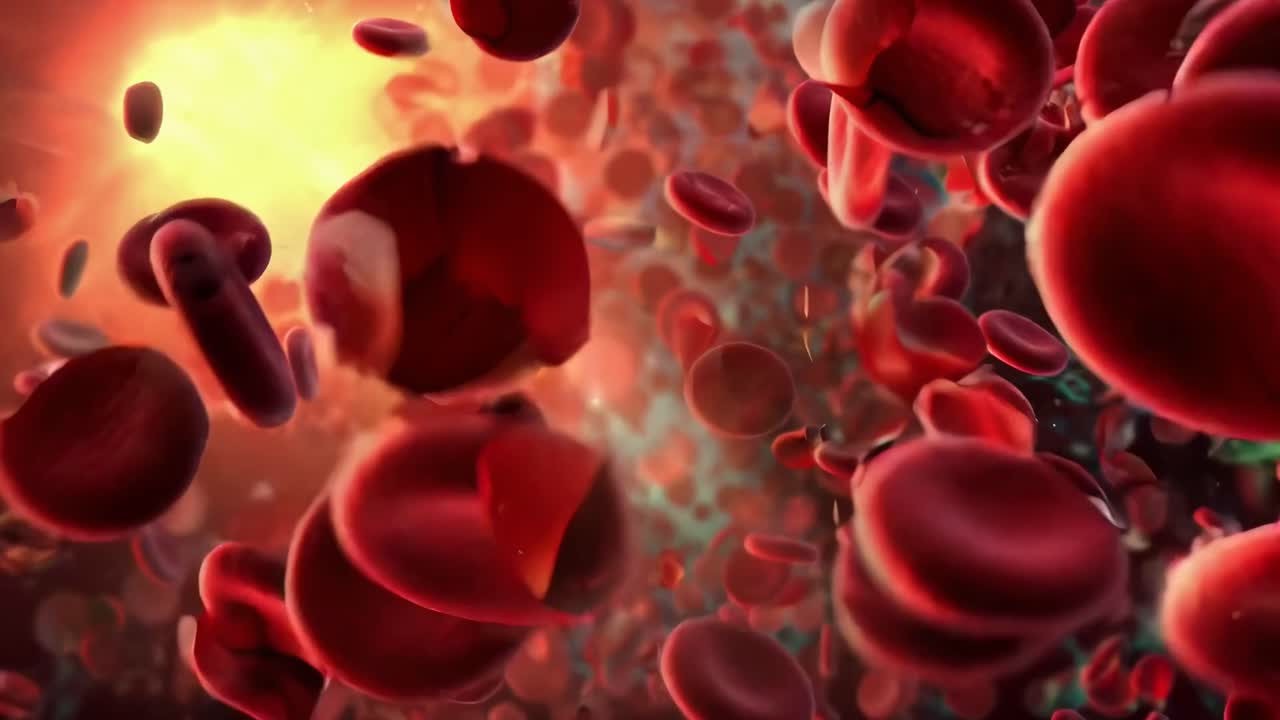 Dynamic video of red blood cells flowing, captured from a close-up angle, highlighting motion