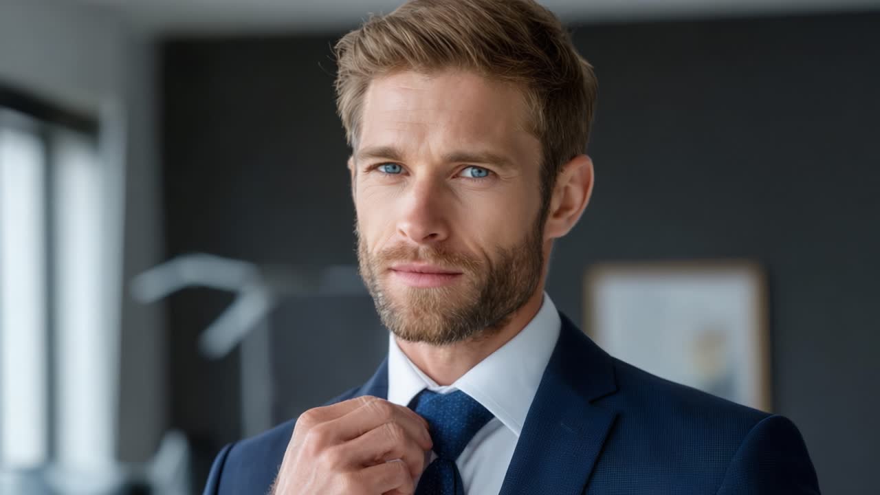 A Confident Businessman Adjusting His Tie in a Modern Office Environment, Exuding Professionalism and Style with a Focus on Personal Grooming and Fashion