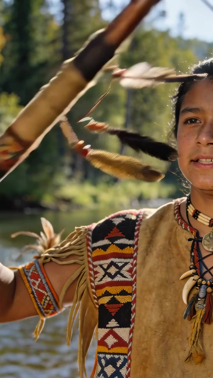 Vertikales Video: Fallende Blätter, indigener Teenager singt, hebt Rassel am Fluss in traditioneller Kleidung für Ritual.