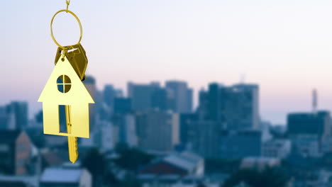 house-shaped keychain animation over blurred cityscape background