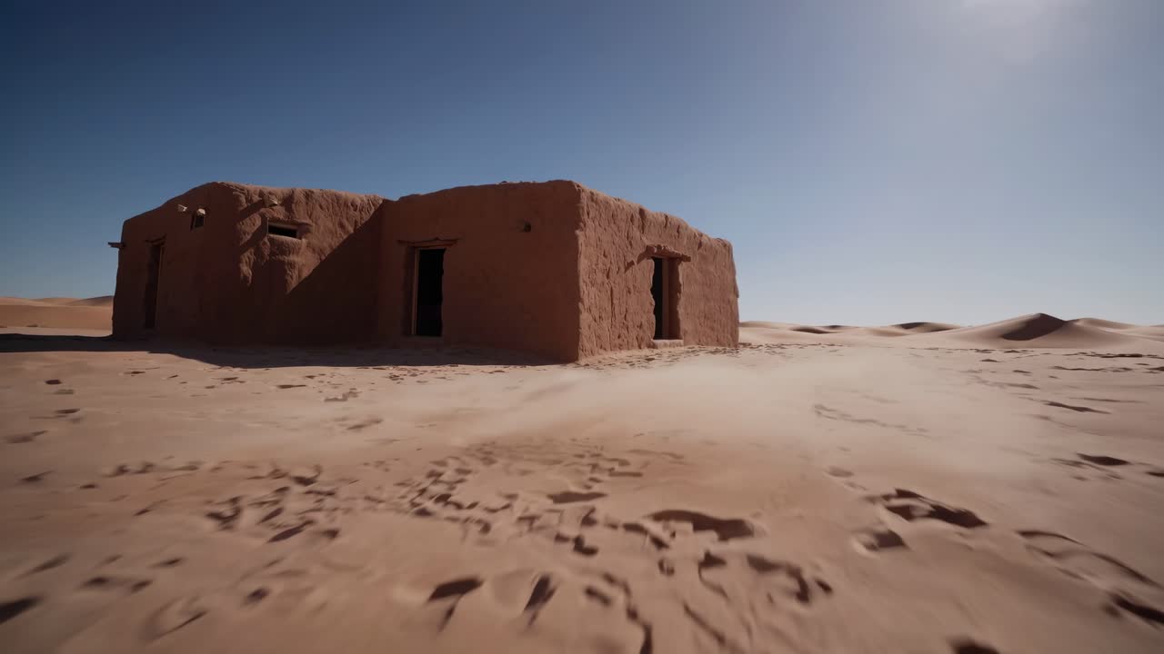Windswept sand surrounds a deserted mud brick dwelling in a barren desert, evoking a sense of isolation and the passage of time in a harsh environment