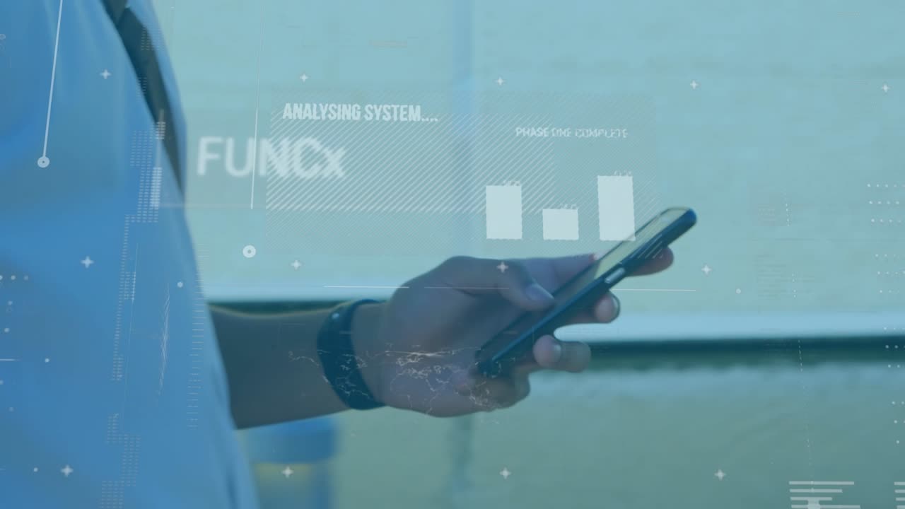 Animation of diverse data over hands of african american man using smartphone