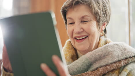 home, video call and senior woman with a tablet