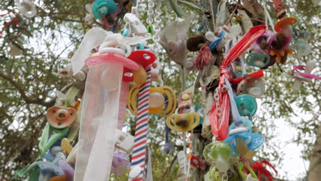 Pacifier-Tree-Concept---Used-Colorful-Pacifiers-Hanging-On-A-Tree