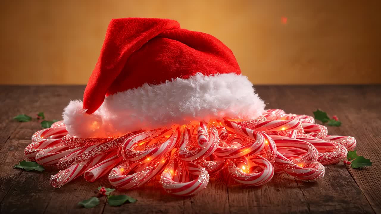 Pulsing string lights causing Santa hat settling on candy cane pile on wooden table, ocher backdrop