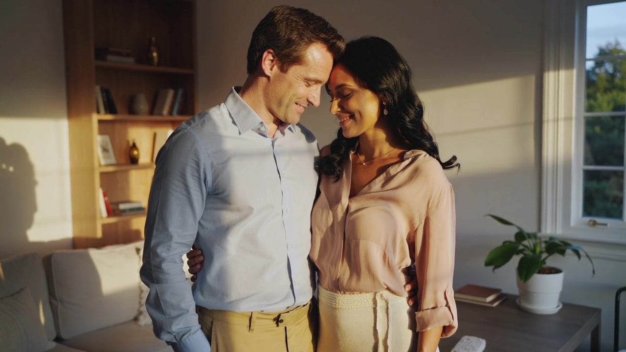 Uomo con camicia blu che mette un braccio intorno alla vita del partner, condividendo un momento in soggiorno vicino a uno scaffale.