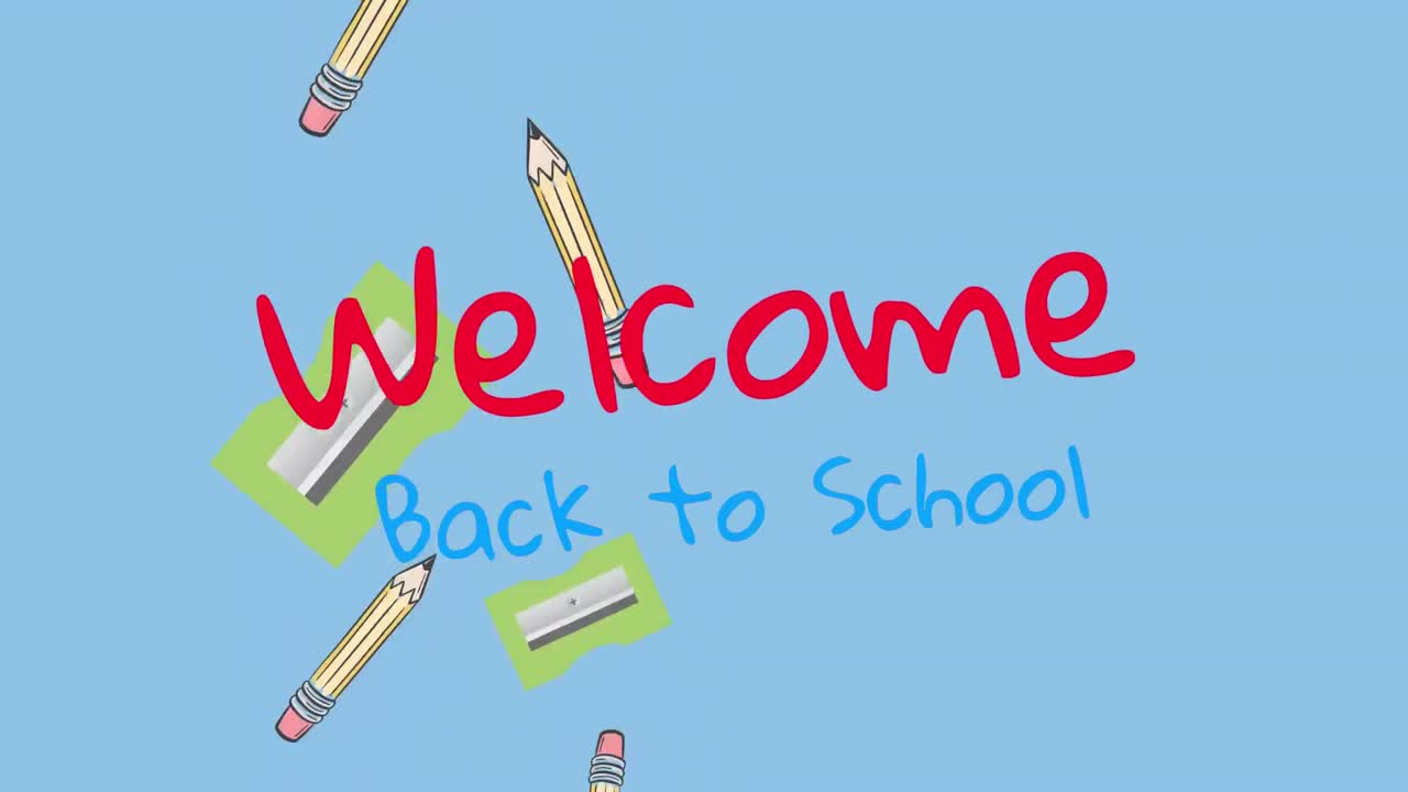 학교 아이템 아이콘 위에 학교로 돌아가는 텍스트의 애니메이션