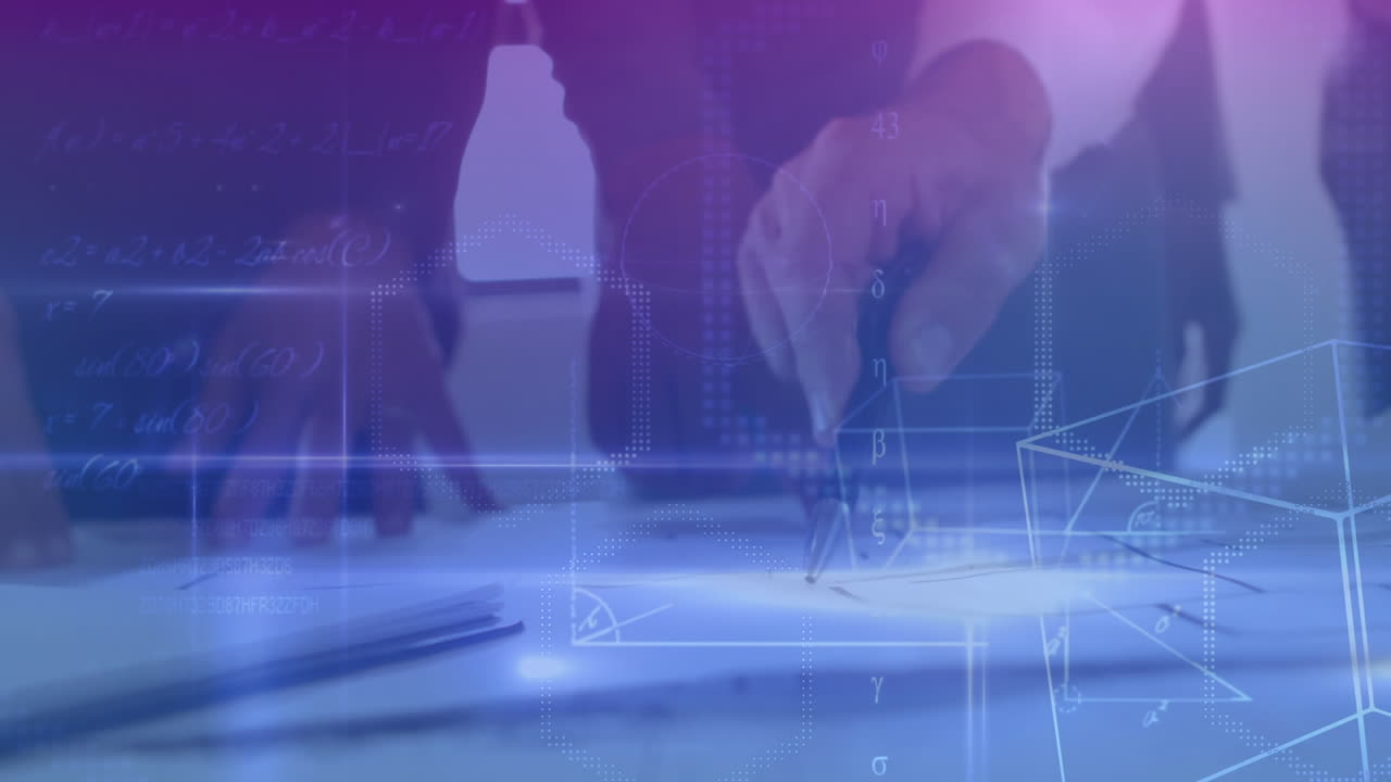 함께 일하는 건축가들의 중간 섹션에서 수학적 데이터 처리의 애니메이션