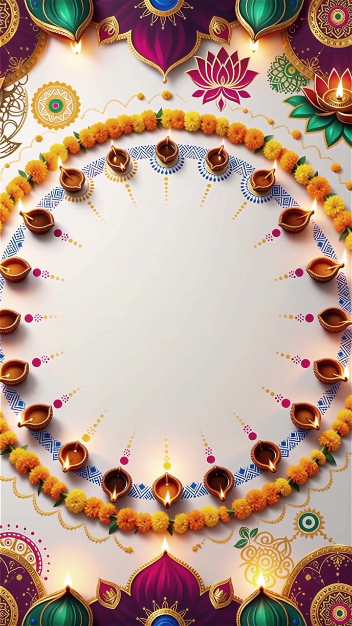 Sfondo Diwali con Diyas luminosi, Rangoli e fiori di loto