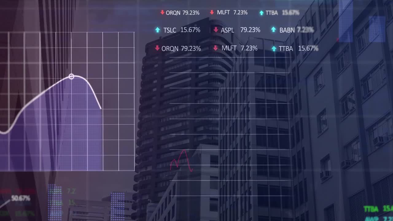 animación del procesamiento de datos estadísticos y bursátiles frente a la vista de edificios altos