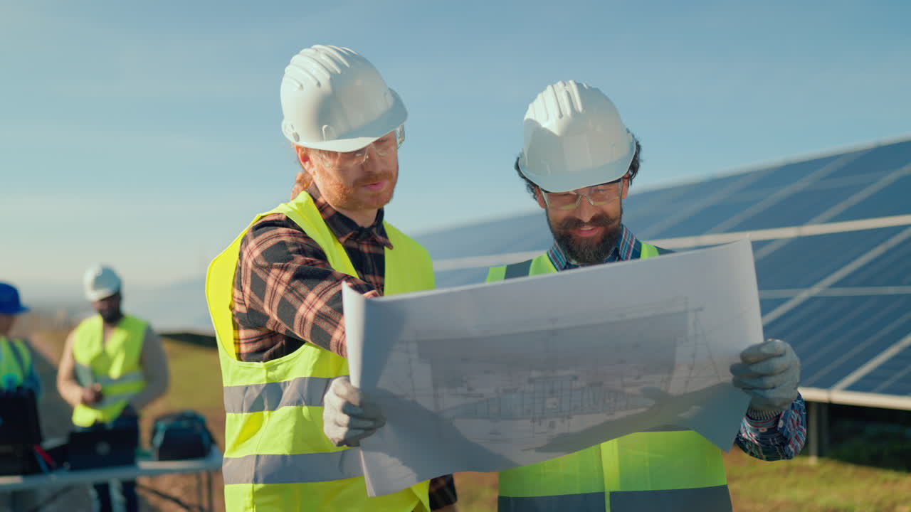 Engineers Inspecting Blueprint at Solar Panel Farm