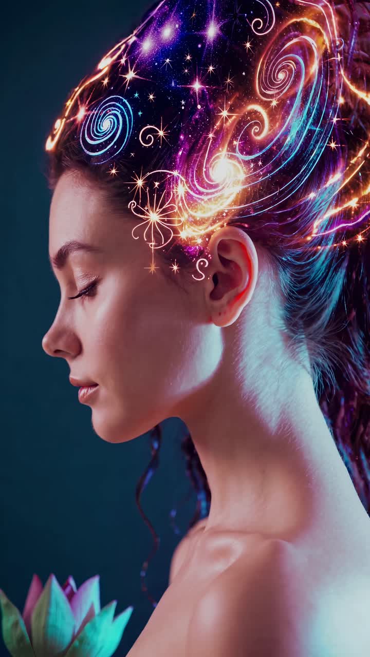 Concetto video onirico e surreale con una donna di profilo e vibranti, vorticosi motivi cosmici.