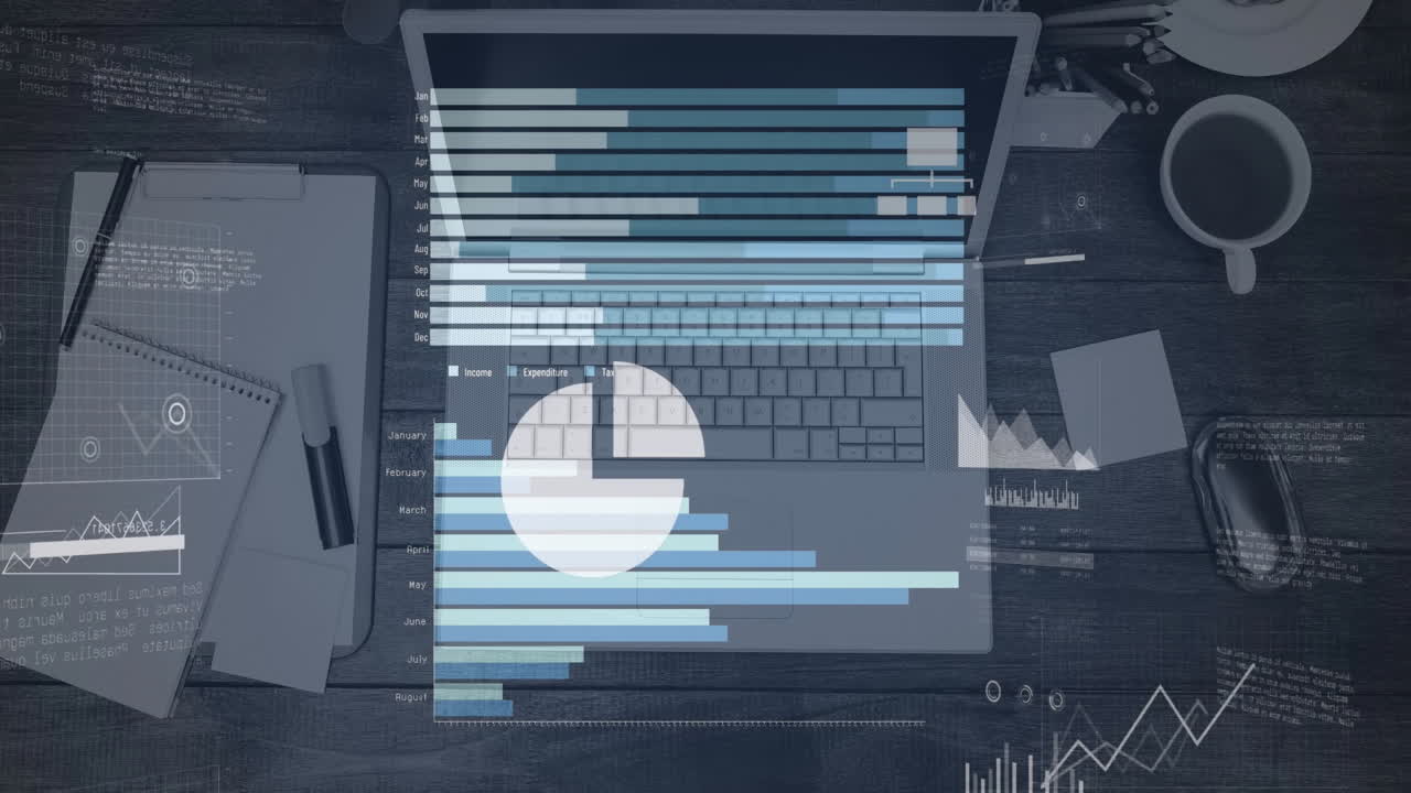 인포그래픽 인터페이스 및 컴퓨터 응용 프로그램의 애니메이션 노트북 및 책상에 사무실 용품