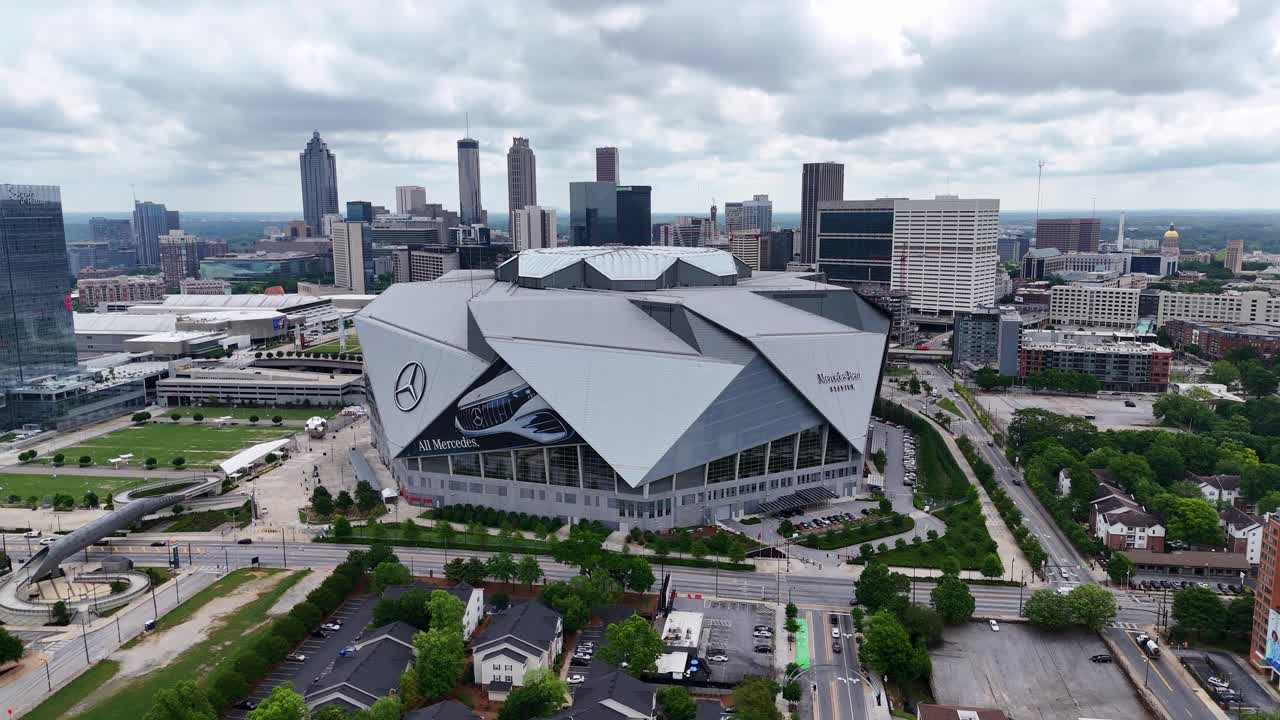 Aerial rotating shot of Mercedes Benz Stadium.