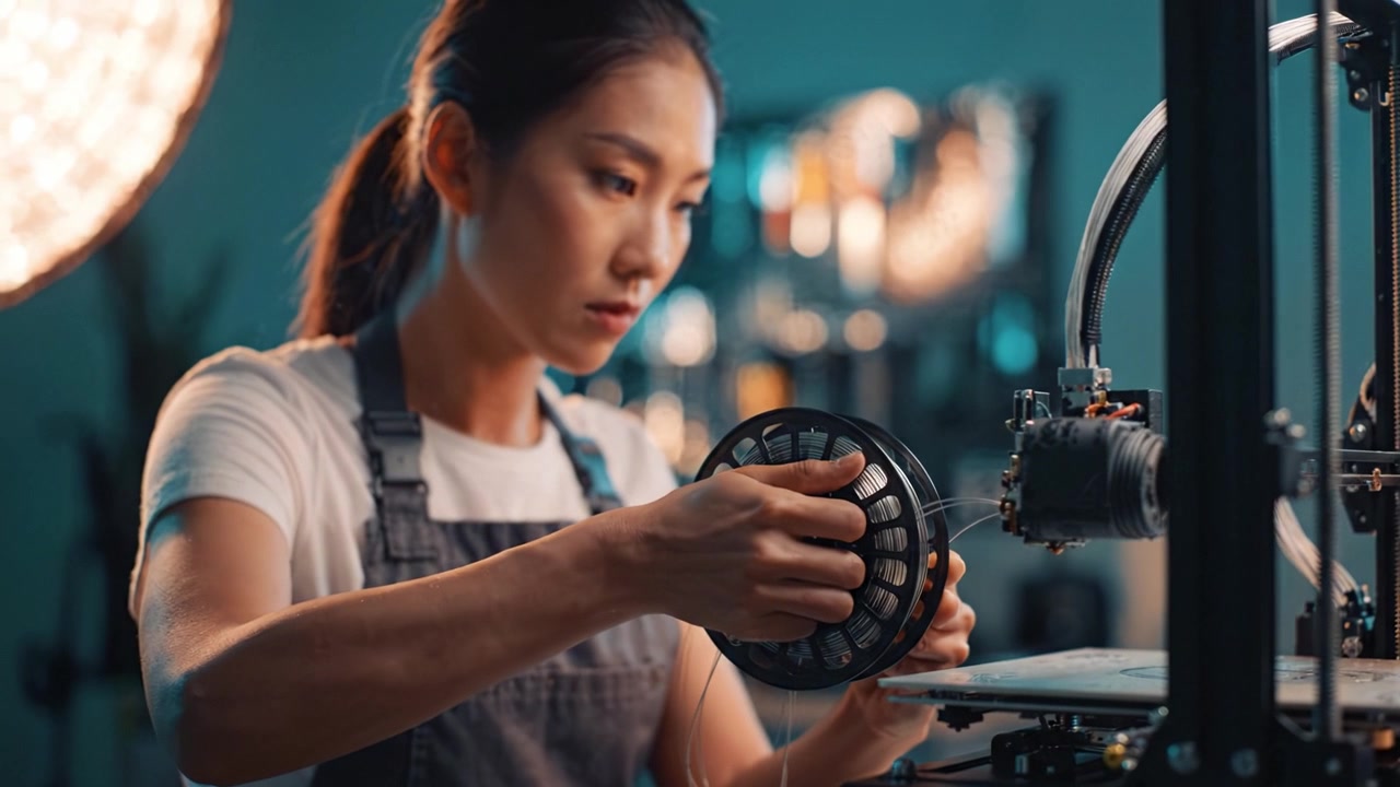 一位專注的藝術家正在操作3D打印機，在現代工作室環境中細緻地準備打印耗材，以進行複雜的打印。