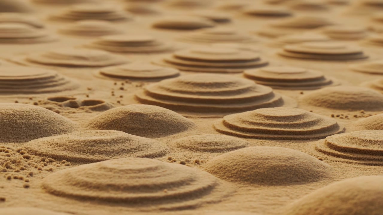Close view shows smooth sandy formations with circular ripples and raised textures arranged across surface, illuminated by soft warm light that highlights contours, shadows, and fine details.