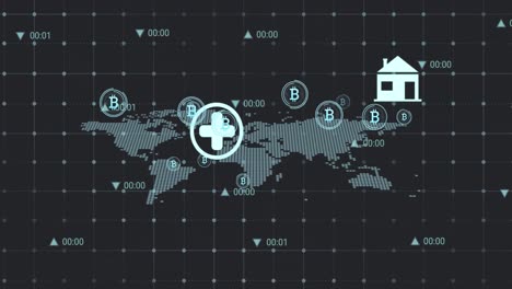 animación del procesamiento de datos sobre los símbolos de bitcoin