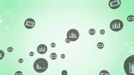 animación de la red de conexiones con iconos estadísticos en fondo verde