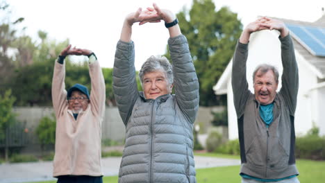 arms, stretching or old people in outdoor fitness