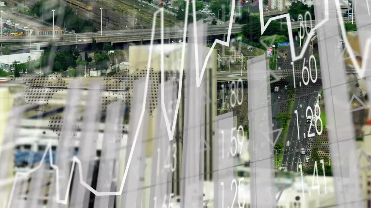 도시에서 움직이는 차량의 시간 경과에 대한 여러 그래프와 거래 보드의 애니메이션