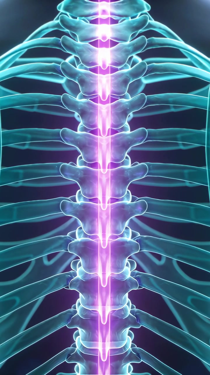 Video verticale: Clip iniziale che mostra la colonna vertebrale toracica e le costole che pulsano lungo un canale in 3D per studio