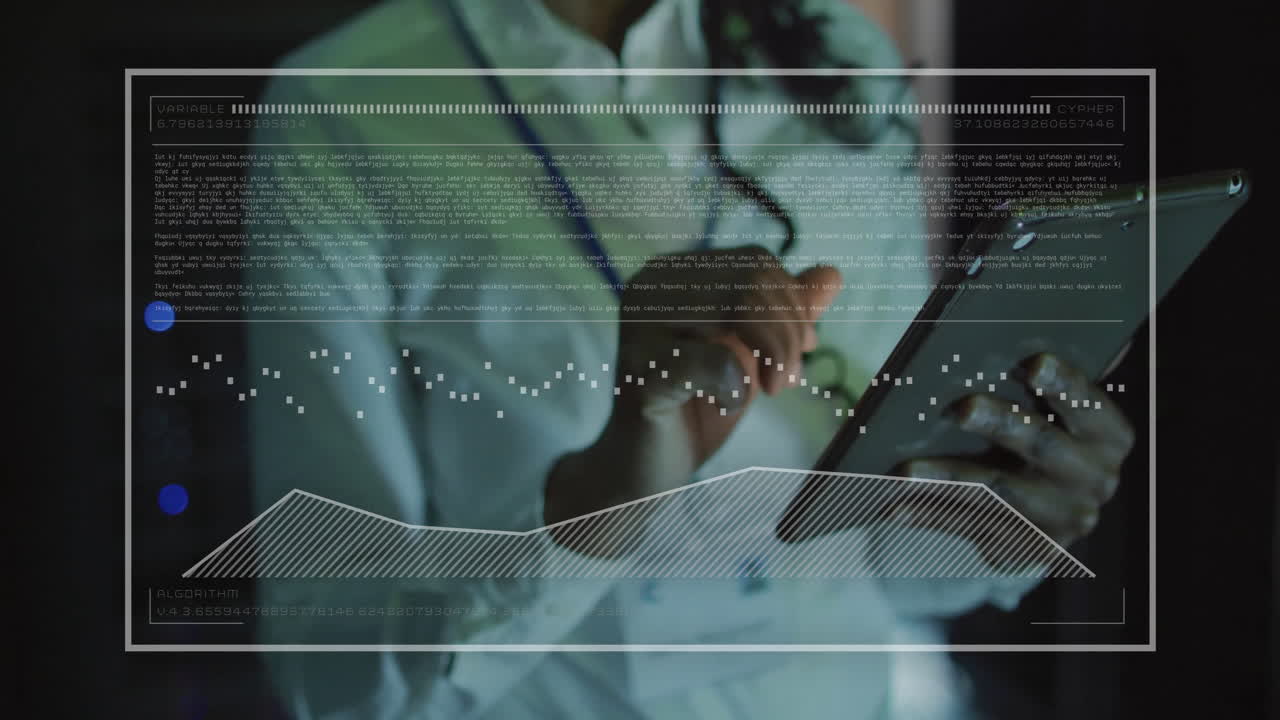 태블릿을 사용하는 두 인종 사업가 여성의 중간 부분에 대한 차트 및 데이터 처리 애니메이션