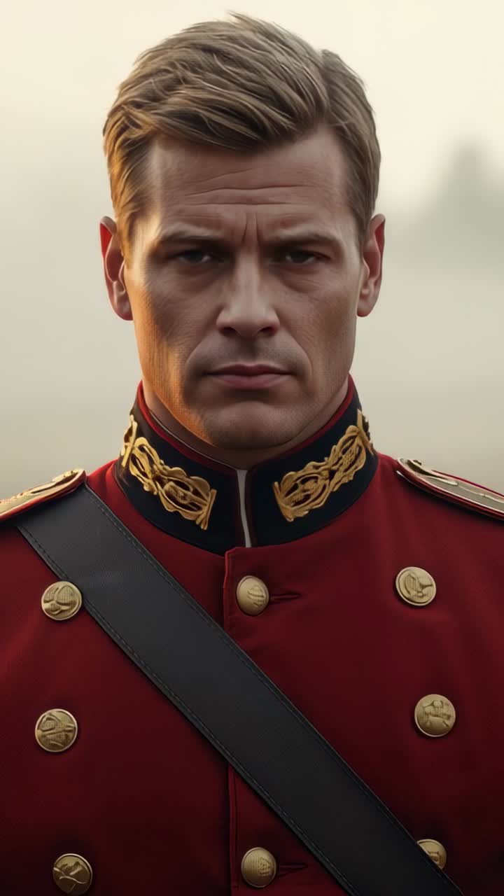 Vertical video: Recording starting officer holding gaze for portrait in haze, red tunic