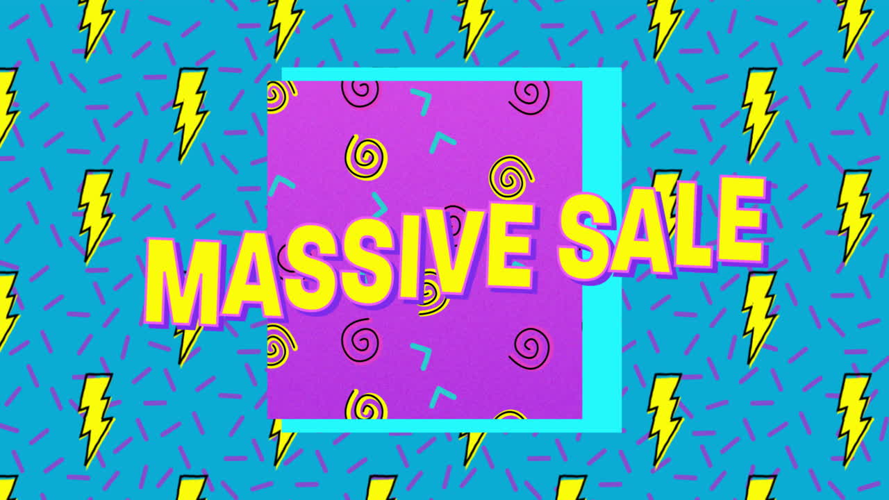 animación de texto masiva sobre formas y patrones geométricos coloridos