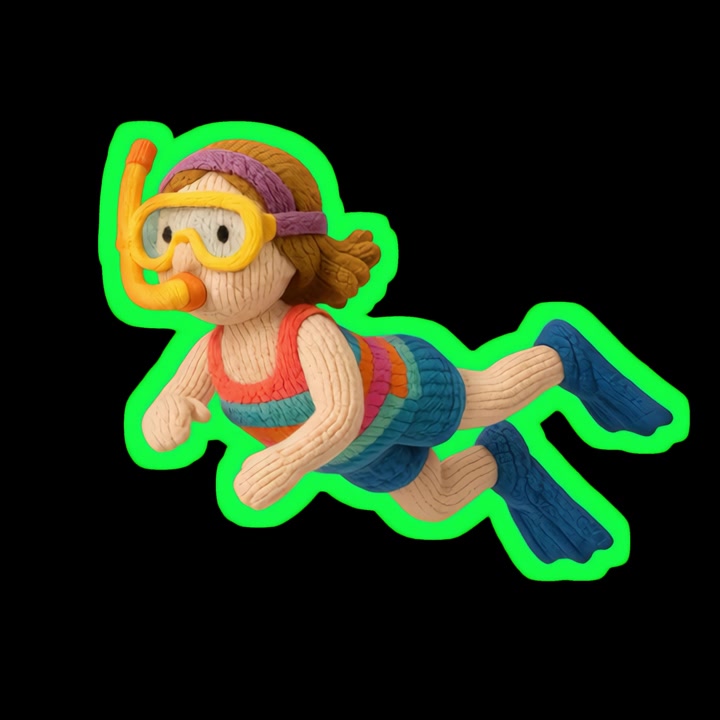 Simpatica nuotatrice in claymation con boccaglio e pinne