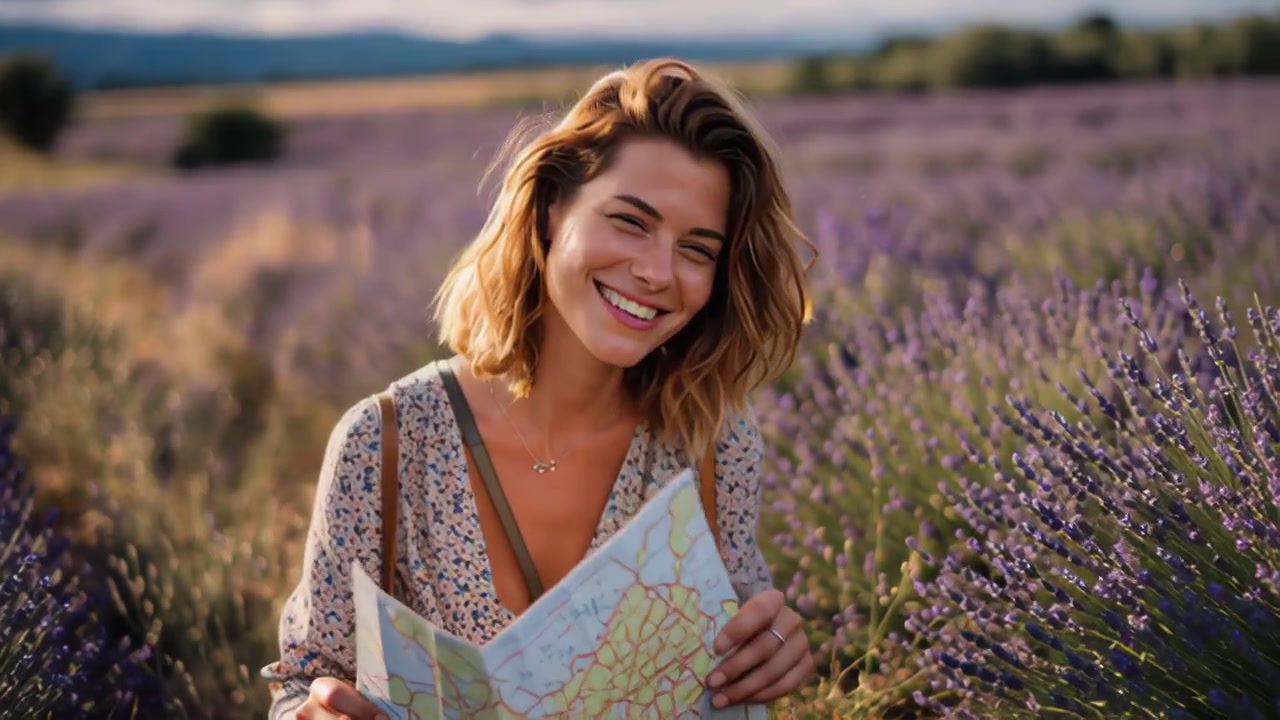 Riprese di una giovane donna felice che tiene una mappa cartacea mentre si trova in un campo di lavanda in fiore all'ora d'oro, godendosi un viaggio rurale e un'avventura all'aperto.