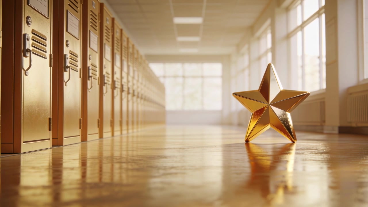 Moving camera forward in school hall centering gold star on floor, lockers receding, copy space