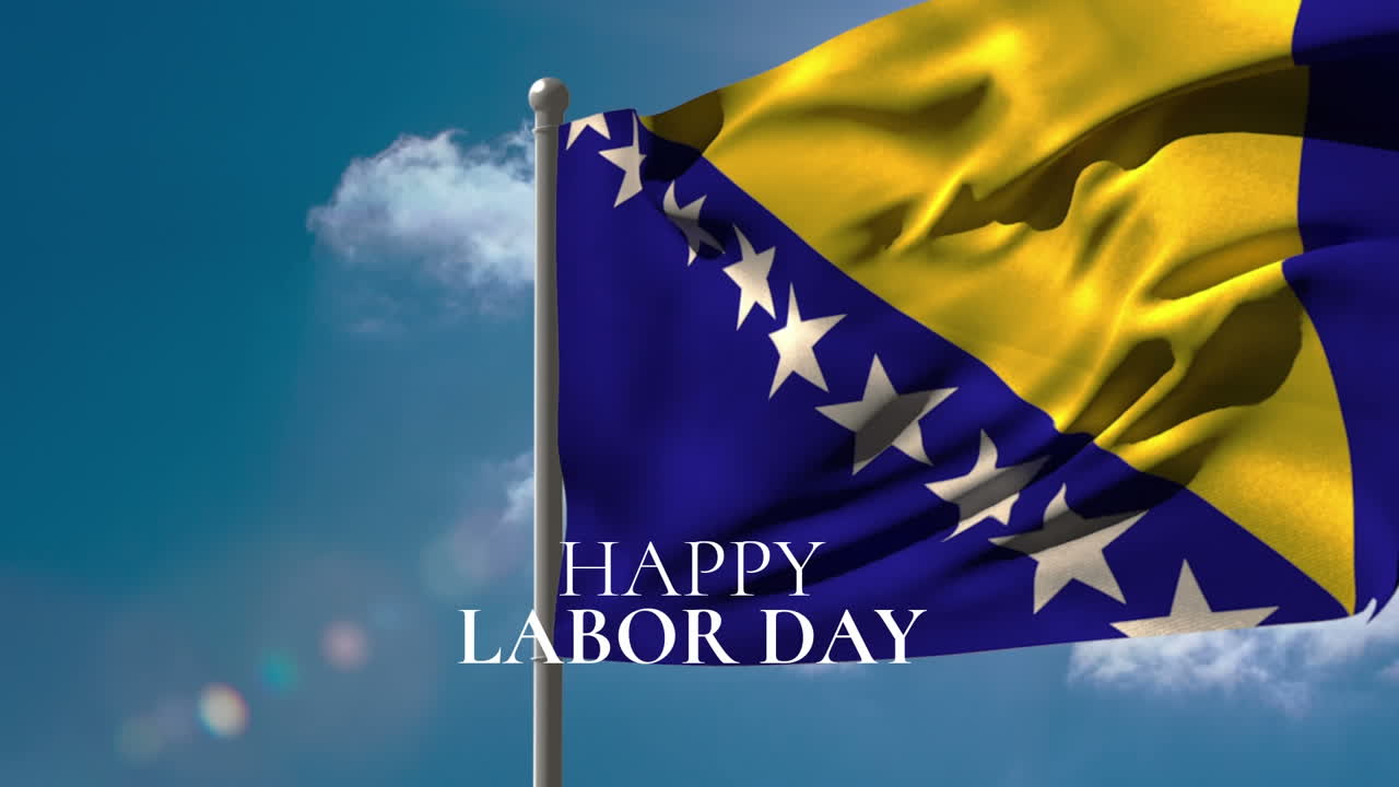 보스니아 헤르체고비나의  ⁇ 발과 구름 위에 행복한 노동자의 날 텍스트의 애니메이션