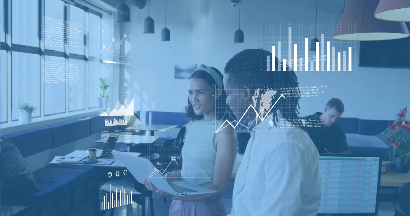 woman holding laptop and peer reviewing data activating digital tech charts growing for analysis
