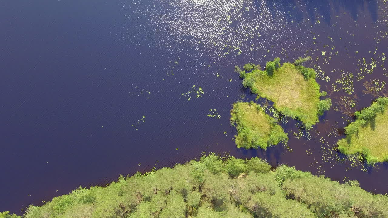 toma de drones de pequeñas islas ubicadas en un claro lago forestal finlandés