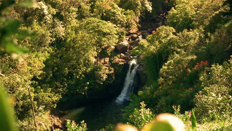 Hawaii-Baldachin,-Sonnenstrahlen,-Wasserfall,-Zeitlupe-3