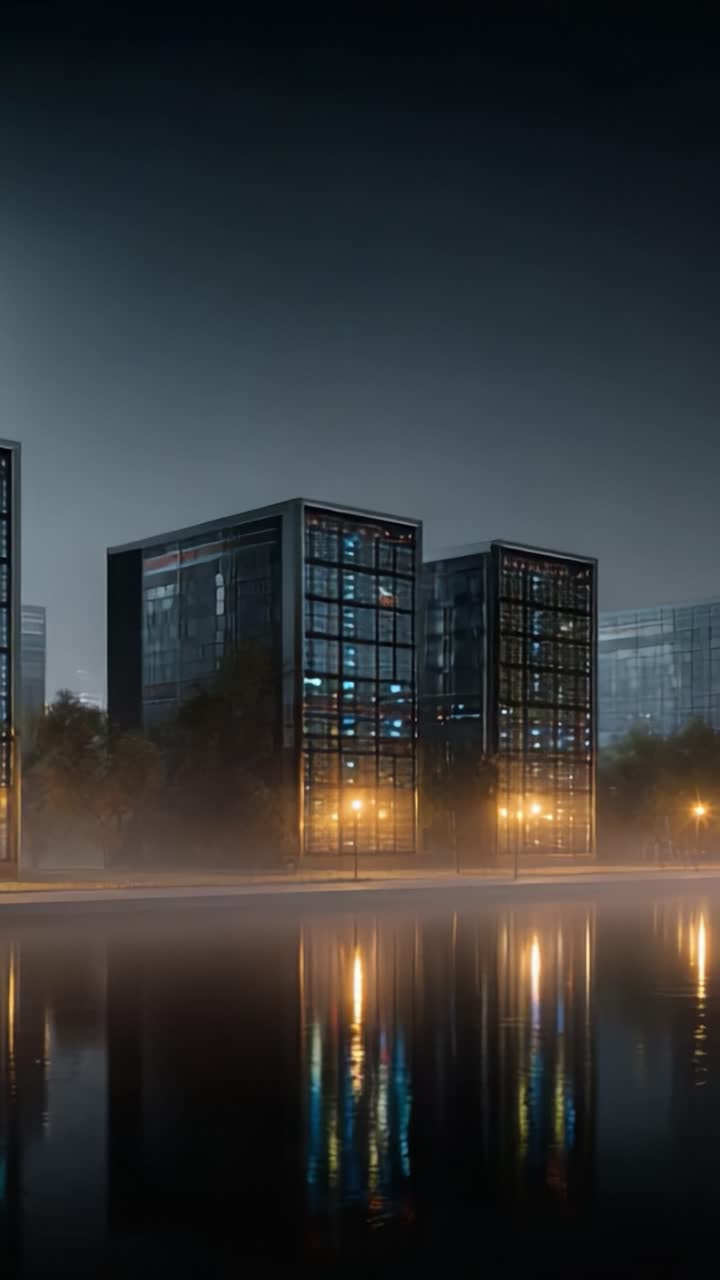 Un misterioso paesaggio notturno di meraviglie architettoniche moderne riflesse in acque calme, illuminate da luci soffuse e dallo splendore della luna piena