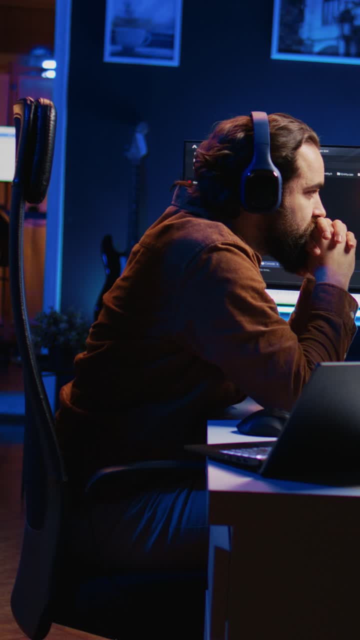Focused Man Coding on Computer at Night in Dark Office