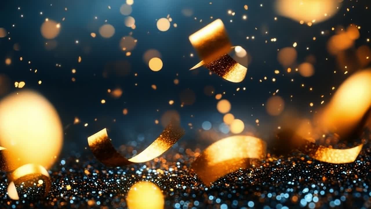 Golden confetti rains down!. Shimmering golden confetti dances through the air in a festive atmosphere during a joyous celebration.