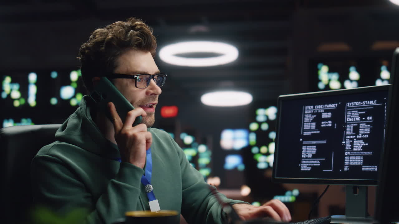 Coder guy answering cellphone call coding computer at night workplace closeup